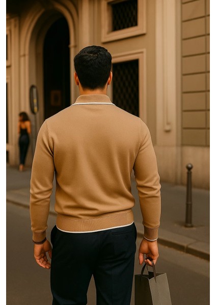 Erkek Fermuarlı Camel Uzun Kollu Polo Yaka Triko Kazak indirimleri