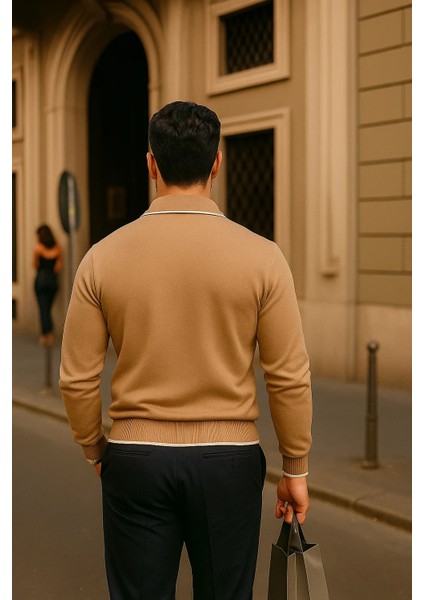 Erkek Fermuarlı Camel Uzun Kollu Polo Yaka Triko Kazak