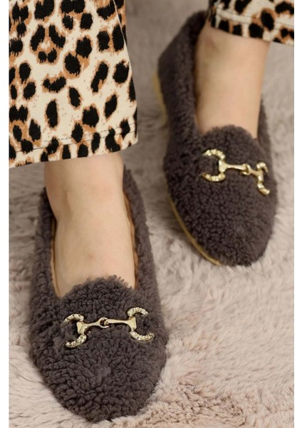 Kadın Gold Tokalı Kışlık Babet Ev ve Dış Mekan Ayakkabısı - Füme - 36