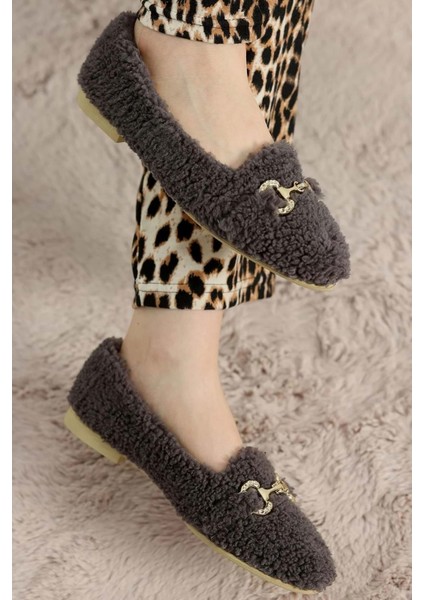 Kadın Gold Tokalı Kışlık Babet Ev ve Dış Mekan Ayakkabısı - Füme - 36 fiyatları