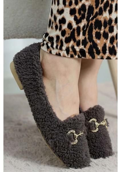 Kadın Gold Tokalı Kışlık Babet Ev ve Dış Mekan Ayakkabısı - Füme - 36 modelleri