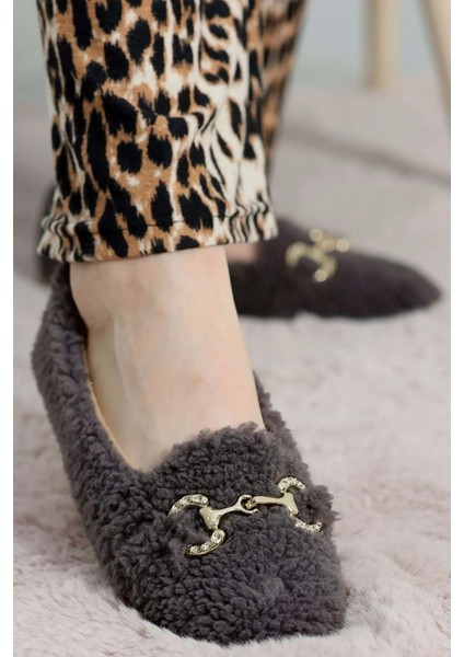 Kadın Gold Tokalı Kışlık Babet Ev ve Dış Mekan Ayakkabısı - Füme - 36 indirimleri