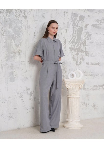 Kuşaklı Gömlek Yaka Salaş Tulum Gri S255822 indirimleri