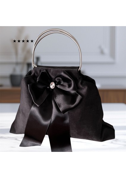 Siyah Nubuk Kumaş Çanta Fiyonklu Taşlı Metal Saplı Çanta