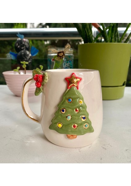 El Yapımı Seramik Gerçek 24K Altın Dekorlu Çam Ağacı Büyük Kupa