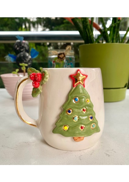 El Yapımı Seramik Gerçek 24K Altın Dekorlu Çam Ağacı Büyük Kupa modelleri