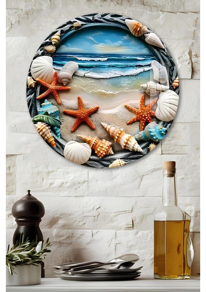 3D Görünümlü Temperli Cam Tablo – Deniz Kabuğu ve Yıldızı Temalı Duvar Süsü Uv Baskı 33X33 CM-CDS074
