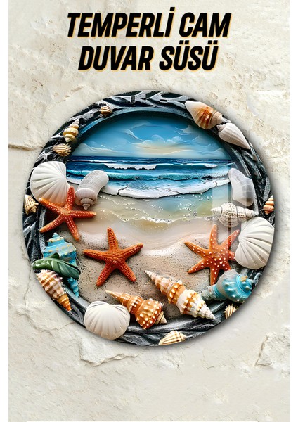 3D Görünümlü Temperli Cam Tablo – Deniz Kabuğu ve Yıldızı Temalı Duvar Süsü Uv Baskı 33X33 CM-CDS074 fiyatları