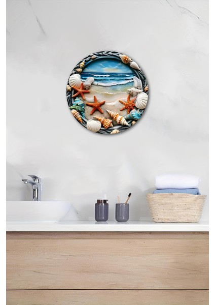 3D Görünümlü Temperli Cam Tablo – Deniz Kabuğu ve Yıldızı Temalı Duvar Süsü Uv Baskı 33X33 CM-CDS074