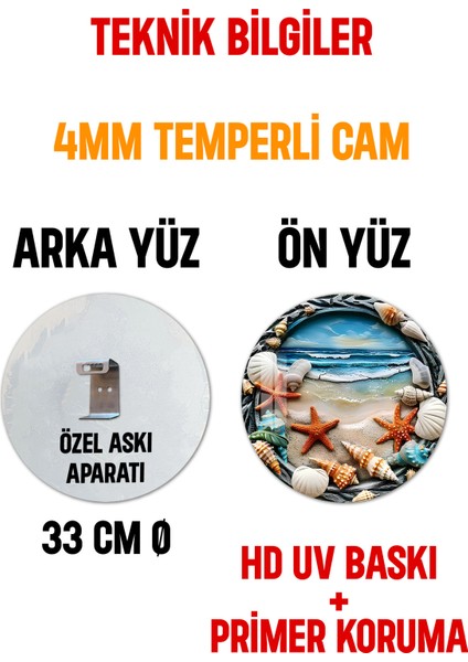 3D Görünümlü Temperli Cam Tablo – Deniz Kabuğu ve Yıldızı Temalı Duvar Süsü Uv Baskı 33X33 CM-CDS074