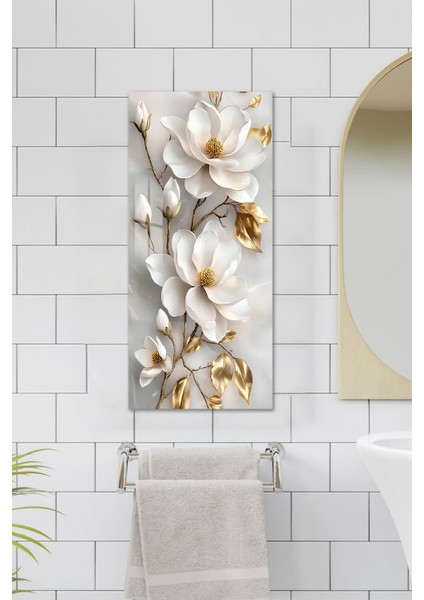 Beyaz ve Altın Çiçek Desenli Temperli Cam Dik Tablo 30X60 cm Ebadında Uv Baskı - DCT026