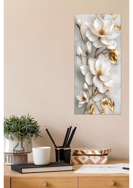 Beyaz ve Altın Çiçek Desenli Temperli Cam Dik Tablo 30X60 cm Ebadında Uv Baskı - DCT026 fiyatları