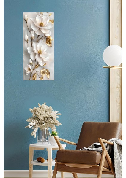 Beyaz ve Altın Çiçek Desenli Temperli Cam Dik Tablo 30X60 cm Ebadında Uv Baskı - DCT026 modelleri