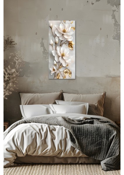 Beyaz ve Altın Çiçek Desenli Temperli Cam Dik Tablo 30X60 cm Ebadında Uv Baskı - DCT026 indirimleri