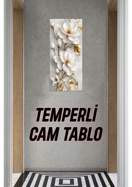 Beyaz ve Altın Çiçek Desenli Temperli Cam Dik Tablo 30X60 cm Ebadında Uv Baskı - DCT026