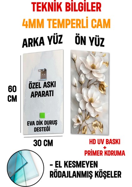 Beyaz ve Altın Çiçek Desenli Temperli Cam Dik Tablo 30X60 cm Ebadında Uv Baskı - DCT026