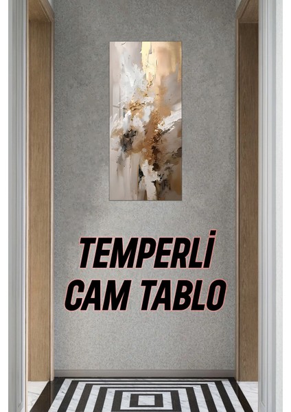 Temperli Cam Dik Tablo 30X60 cm Ebadında Hd Uv Baskı – Bej ve Altın Soyut Desen - DCT009