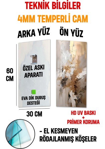 Temperli Cam Dik Tablo 30X60 cm Ebadında Hd Uv Baskı – Bej ve Altın Soyut Desen - DCT009