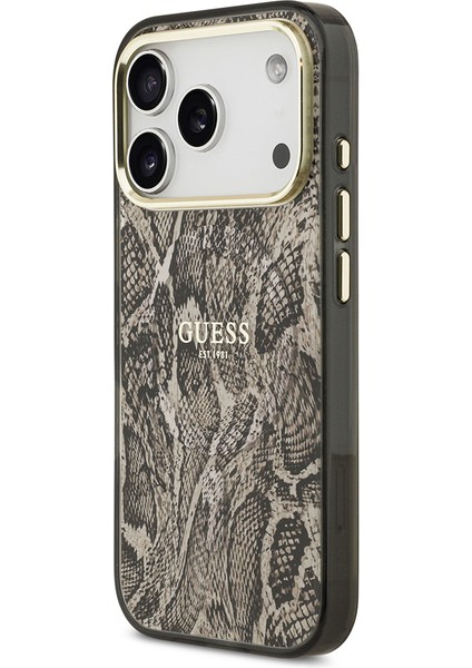 iPhone 17 Pro Max Uyumlu Kılıf Guess Lisanslı M-Safeli Yazı Logolu Python Desenli Kapak Kahverengi fiyatları