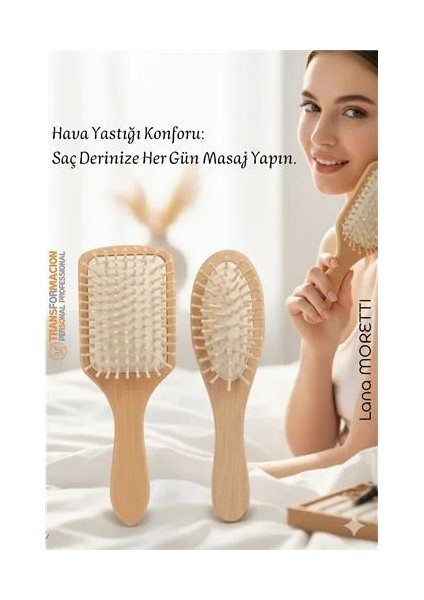Doğal Ahşap Antistatik Hava Yastıklı Saç Fırçası (2 Boy: 23X8 & 22X6 Cm) -
