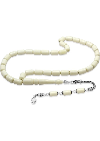 925 Ayar Gümüş Püsküllü Kapsül Kesim Doğal Renk Deve Kemiği Tesbih