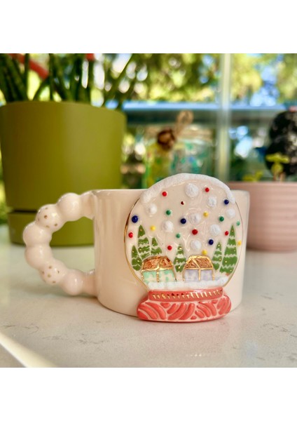 El Yapımı Seramik Gerçek 24K Altın Dekorlu Kar Küresi Kupa