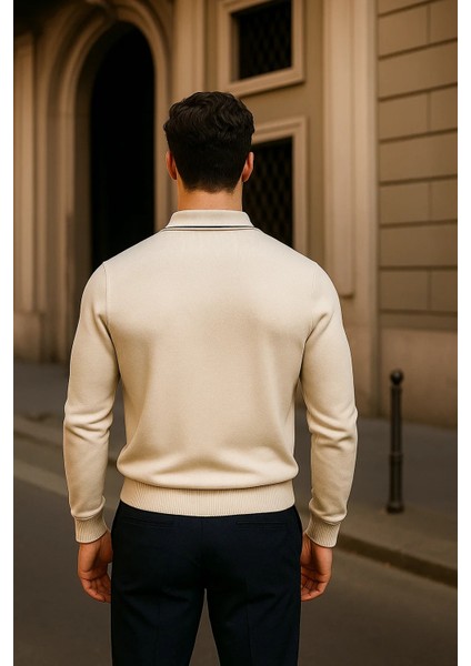 Erkek Fermuarlı Bej Uzun Kollu Polo Yaka Triko Kazak
