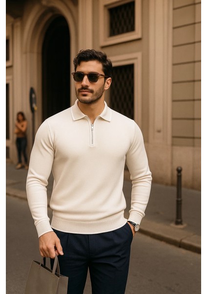 Erkek Fermuarlı Krem Uzun Kollu Polo Yaka Triko Kazak