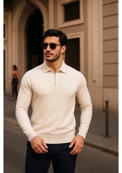 Erkek Fermuarlı Krem Uzun Kollu Polo Yaka Triko Kazak fiyatları