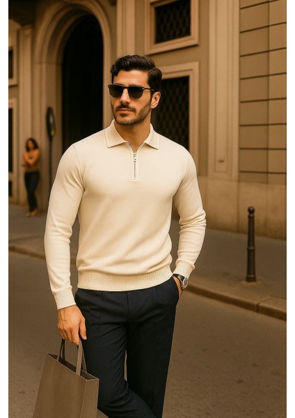 Erkek Fermuarlı Krem Uzun Kollu Polo Yaka Triko Kazak modelleri