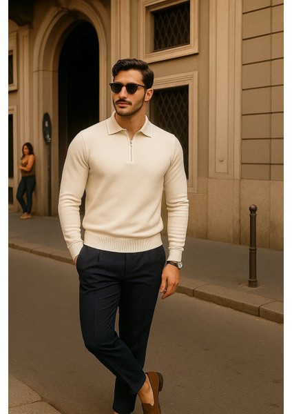 Erkek Fermuarlı Krem Uzun Kollu Polo Yaka Triko Kazak fırsatları