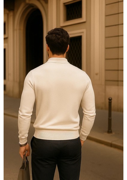 Erkek Fermuarlı Krem Uzun Kollu Polo Yaka Triko Kazak indirimleri