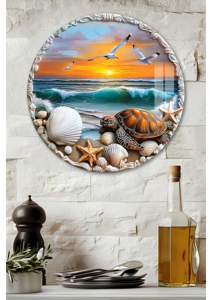 3D Görünümlü Temperli Cam Tablo – Deniz ve Kaplumbağa Temalı Duvar Süsü Uv Baskı 33X33 cm CDS088
