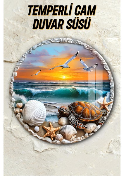 3D Görünümlü Temperli Cam Tablo – Deniz ve Kaplumbağa Temalı Duvar Süsü Uv Baskı 33X33 cm CDS088 fiyatları