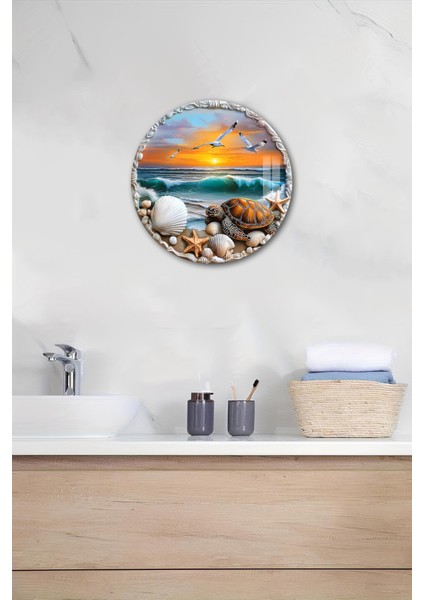 3D Görünümlü Temperli Cam Tablo – Deniz ve Kaplumbağa Temalı Duvar Süsü Uv Baskı 33X33 cm CDS088