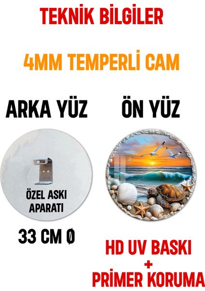 3D Görünümlü Temperli Cam Tablo – Deniz ve Kaplumbağa Temalı Duvar Süsü Uv Baskı 33X33 cm CDS088