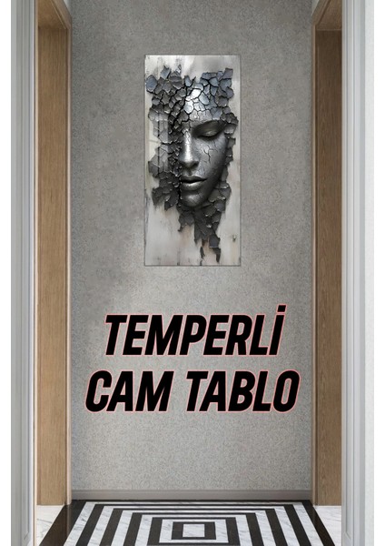 Kırık Yüz Heykel Temalı Temperli Cam Dik Tablo 30X60 cm Uv Baskı - DCT058