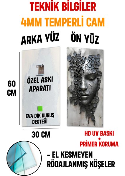 Kırık Yüz Heykel Temalı Temperli Cam Dik Tablo 30X60 cm Uv Baskı - DCT058