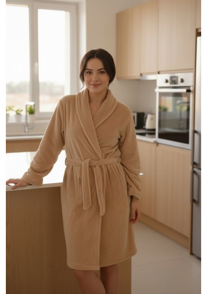 Lumor Şal Yaka Wellsoft Peluş Yumuşak Sabahlık | Bej L/xl