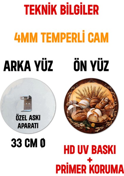 3D Görünümlü Temperli Cam Tablo – Ekmek ve Buğday Temalı Duvar Süsü Uv Baskı 33X33 CM-CDS089