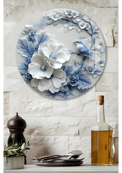 3D Görünümlü Temperli Cam Tablo – Çiçek ve Kuş Desenli Duvar Süsü Uv Baskı 33X33 CM-CDS051