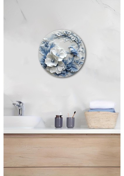 3D Görünümlü Temperli Cam Tablo – Çiçek ve Kuş Desenli Duvar Süsü Uv Baskı 33X33 CM-CDS051