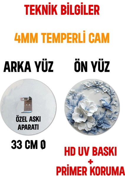 3D Görünümlü Temperli Cam Tablo – Çiçek ve Kuş Desenli Duvar Süsü Uv Baskı 33X33 CM-CDS051