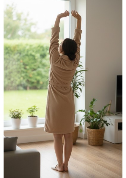 Lumor Şal Yaka Wellsoft Peluş Yumuşak Sabahlık | Bej L/xl