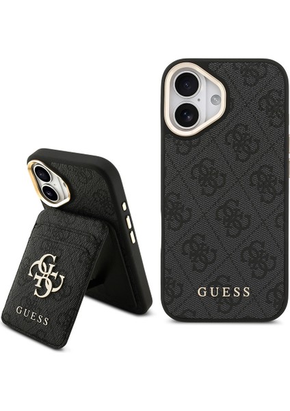 iPhone 17 Uyumlu Kılıf Guess Lisanslı M-Safe Özellikli 4g Metal Büyük Logolu Kartlıklı Kapak Siyah