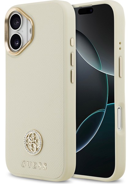 iPhone 17 Uyumlu Kılıf Guess Lisanslı M-Safe Özellikli Grained Yazı ve Taşlı 4g Logolu Kapak Bej