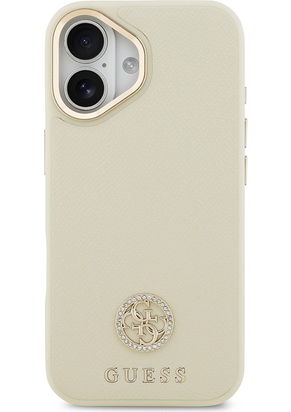 iPhone 17 Uyumlu Kılıf Guess Lisanslı M-Safe Özellikli Grained Yazı ve Taşlı 4g Logolu Kapak Bej modelleri