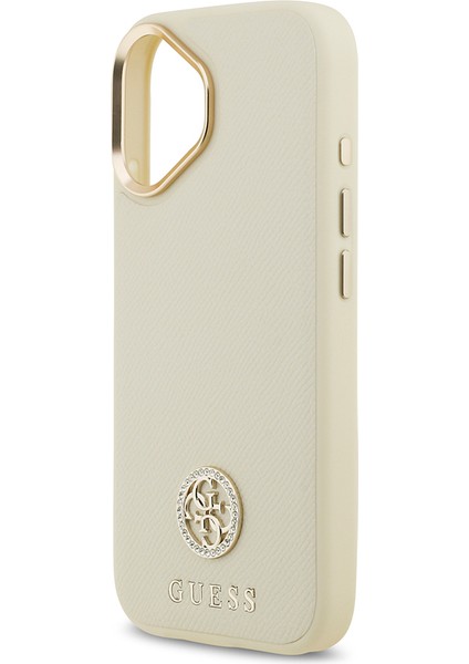 iPhone 17 Uyumlu Kılıf Guess Lisanslı M-Safe Özellikli Grained Yazı ve Taşlı 4g Logolu Kapak Bej