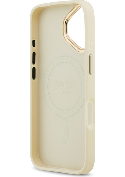 iPhone 17 Uyumlu Kılıf Guess Lisanslı M-Safe Özellikli Grained Yazı ve Taşlı 4g Logolu Kapak Bej