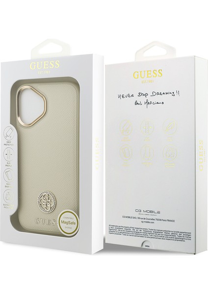 iPhone 17 Uyumlu Kılıf Guess Lisanslı M-Safe Özellikli Grained Yazı ve Taşlı 4g Logolu Kapak Bej